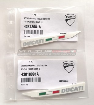 Paire d’autocollants originaux Ducati aluminium brossé avec drapeau 